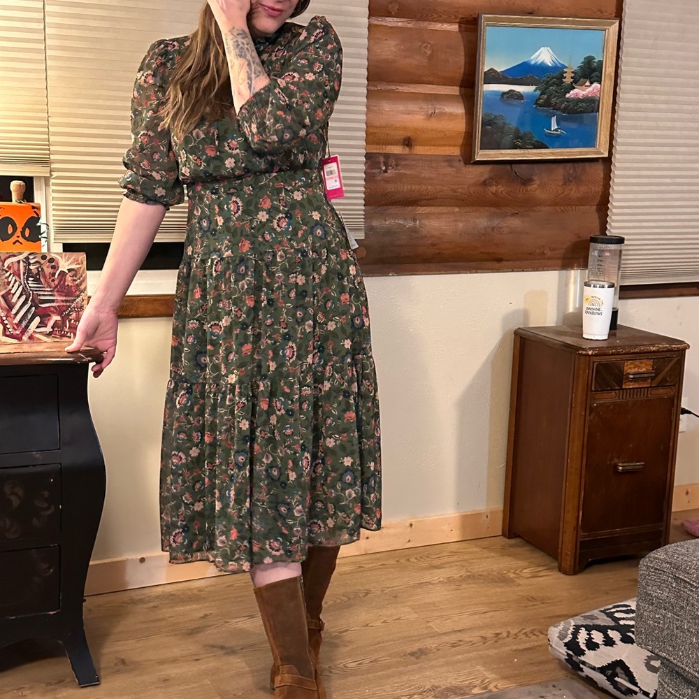 Vince Camuto Floral Long Sleeve Dress - Green and Pink